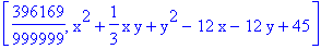 [396169/999999, x^2+1/3*x*y+y^2-12*x-12*y+45]